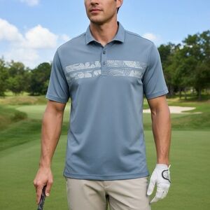 Travis Mathew Blue Polo Shirt Tropical Leaves Flowers Accents Hawaiian